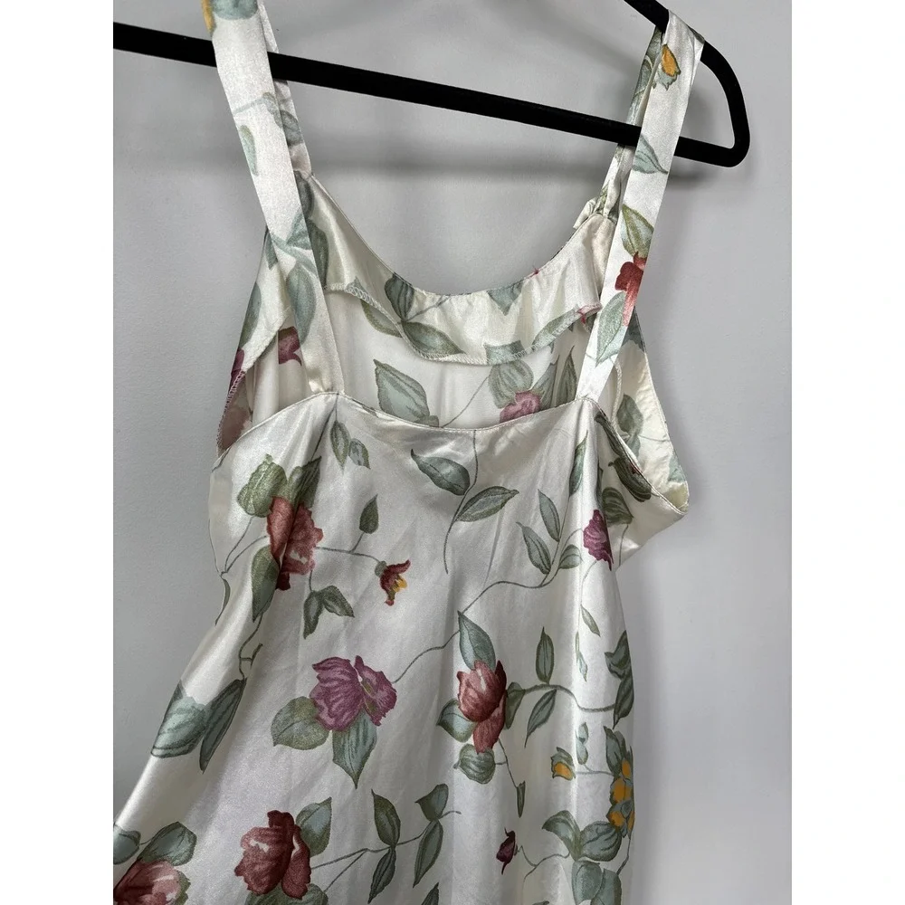Vintage Floral Satin Slip Dress XL Cream Rose‎ Print Ruffle Back Midi Dress